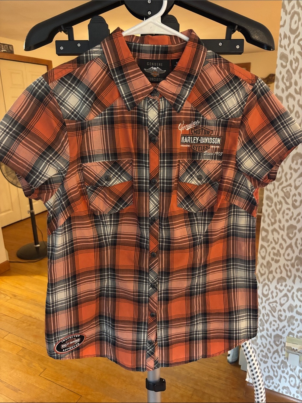 Harley-Davidson Orange and Black Plaid Short Sleeve Button Shirt